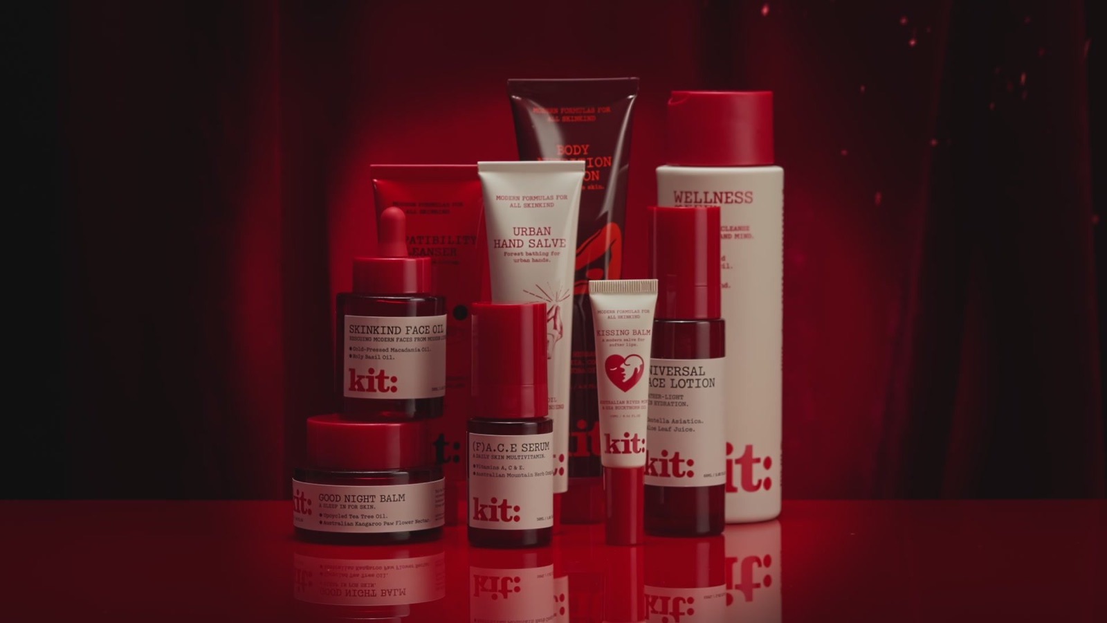 Kit skincare products on a red velvet stage taking a bow